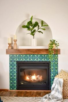 a living room with a fire place and potted plant