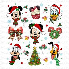 mickey and minnie mouse christmas stickers with santa hats, bows, and other holiday decorations