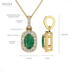 Description Discover elegance with our 14k solid gold emerald diamond halo pendant. Crafted in high quality 14k gold, this pendant is adorned with oval-cut emerald enclosed with shimmering diamonds. Order your pendant for the timeless beauty. The gold chain shown in pictures is just for reference and display purpose, in order pendant comes with a COMPLIMENTARY 925 SILVER CHAIN. Product Details SKU CJ P 1055 EM Metal 14K solid gold Product dimension 18.25X9.5X5 MM Birthstone May Emerald Details S Luxury Hallmarked Emerald Pendant Necklace, Luxury Hallmarked Pendant Emerald Necklace, May Emerald, Circular Frame, Simple Pendant, Tourmaline Pendant, Pendant For Women, Zambian Emerald, Halo Pendant