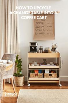 a coffee cart sitting on top of a wooden floor