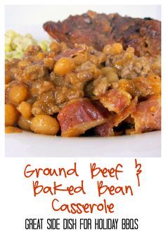 a white plate topped with meat and beans