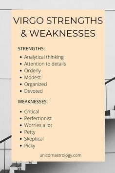 a poster with the words virgo strengths and weakness written in black on it