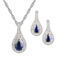 The Pear-Cut Gemstone Are Enhanced By Shimmering Diamond Accents In This Gorgeous Pendant Necklace And Matching Drop Earrings Jewelry Set. Sapphire: 1 Ct. T.W. Diamond: 1/20 Ct. T.W. Set In Sterling Silver Approx. Necklace Length: 18"; Approx. Drop: 1" Singapore Link Chain Approx. Earring Drop: 3/4" Post Back Closure Item Comes Packaged In A Gift Box Sapphire Diamond Necklace, Sapphire Diamond Pendant, Macys Jewelry, Necklace Matching, Heart Drop Earrings, Diamond Pendant Necklace, Stud Earrings Set, Sapphire Diamond, Necklace Earring Set