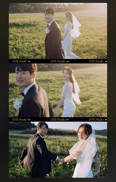 four different shots of the same person in their wedding dress and tuxedo suit