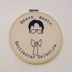 a embroidery pattern with the words bears beets battlestar galactics and an image of a man wearing glasses