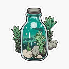 a jar filled with plants and rocks on top of a white background sticker that says,