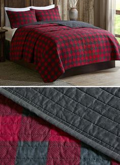 two pictures of a bed with red and black plaid bedspreads, one in grey and the other in red