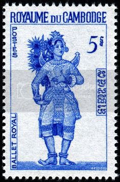 an old stamp with a woman in blue and white on the front, it says royal du cambonge 5 cents