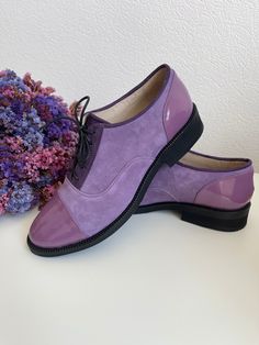 "Perfect your modern look for any occasion with these women's leather and suede oxford shoes.  We use only high quality genuine leather to deliver the best result.  PRODUCT INFORMATION  * High quality suede and patent leather upper (available in a variety of colors) * Light purple patent leather & light purple suede & dark purple suede * Can be made in other colors, on request * Smooth and breathable leather lining * Lace-up design * Round toe * Lightly padded footbed footbed for all-day comfort Fitted Suede Wingtip Oxfords, Cap Toe Oxfords For Office In Spring, Suede Cap Toe Leather Shoes, Spring Cap Toe Oxfords For Office, Fitted Suede Cap Toe Leather Shoes, Fitted Suede Lace-up Leather Shoes, Fitted Suede Leather Lace-up Shoes, Spring Leather Cap Toe Lace-up Shoes, Fitted Suede Oxfords For Derby