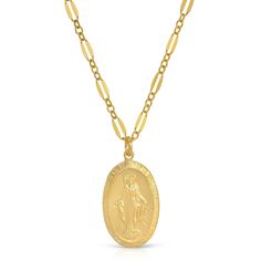 A high quality 14K Gold Filled, double sided, Mary Charm hangs on a sparkle Chain.Pendant is 20mm x 13mm Choose from all 14K Gold Filled or Sterling SilverOther chain options available on request, please message me! Choose your length: 16", 18" or 24" long.Gold Filled has 100 times more gold than gold plated jewelry. You can swim, shower, etc, this necklace is made to wear exactly like solid 14K Gold and will not chip or fade! Gold filled is created by taking a sheet of 14 karat gold and bonding