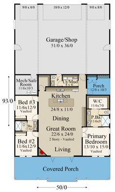 the floor plan for a two story house with an attached garage and living room area