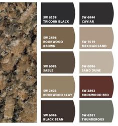 different colors of granite for the kitchen countertops and floors in this color scheme is brown, black, gray, white, and red