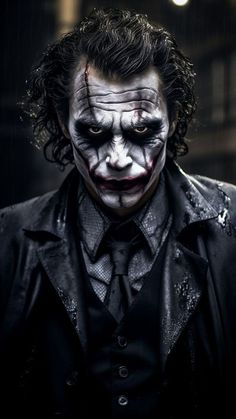 the joker is dressed in black and has his face painted red, while he looks like it