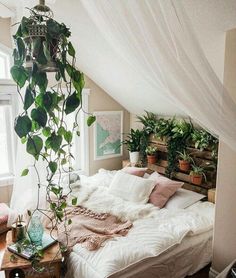 a bedroom with plants hanging from the ceiling