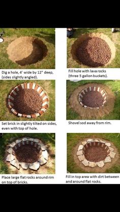 instructions to build a fire pit in the grass with bricks and dirt around it,