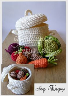 the crocheted basket is sitting next to some other items on a wooden table