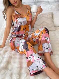 Colorful Bear Printed Cami Top And Pants Pajama Set Multicolor Cute    Cartoon,All Over Print Pant Sets Non-Stretch All Women Sleep & Lounge, size features are:Bust: ,Length: ,Sleeve Length: Hello Kitty Silk Pjs, Bear Print, Cami Tops, Fashion Online Shop, Pajama Set, Pretty Dresses, All Fashion, Pants Set, Mac