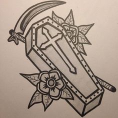 a drawing of a cross and dagger with roses on it