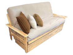 a wooden couch with three pillows on it's back and sides, against a white background