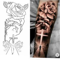 a tattoo with roses and a cross on it