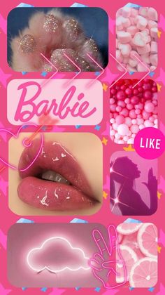 pink and white images with the words barbie like on them, including lipstick, candy, gum