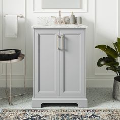 a bathroom vanity with a mirror above it next to a rug and potted plant