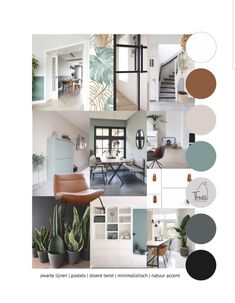 a collage of photos with plants, chairs and other things in the background that are neutral