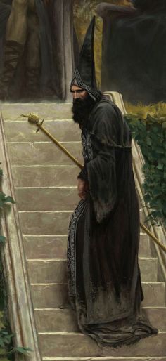 a painting of a man sitting on steps with a staff in his hand and wearing a black robe