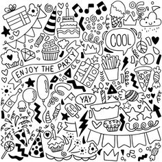 a black and white drawing of birthday items