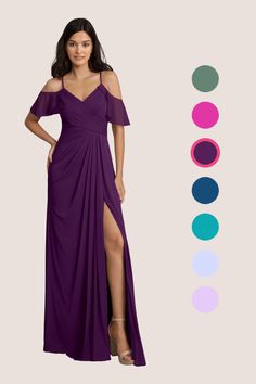 a woman in a long purple dress standing next to color swatches and the image shows off