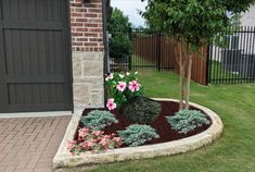 a flower bed in the middle of a yard with flowers growing out of it's center