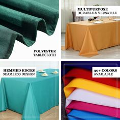 four different colors of table cloths with names and description on the top, below them