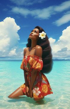 a woman sitting on top of a beach next to the ocean wearing a flower in her hair