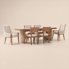 an image of a dining table and chairs with white upholstered chairs around it