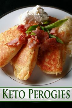 a white plate topped with pancakes covered in bacon and green beans next to mashed potatoes