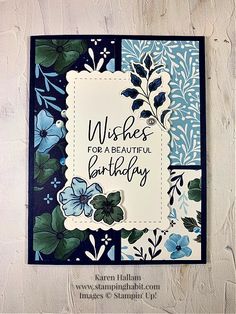 a birthday card with blue flowers on it and the words wishes for a beautiful birthday