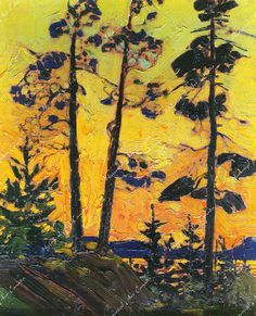 an oil painting of trees in the sunset