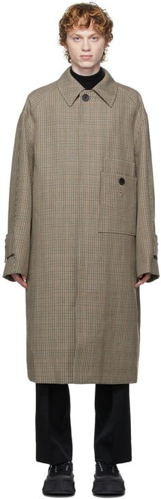 Long sleeve wool twill coat featuring houndstooth pattern in tones of brown, black, and green. Spread collar. Concealed button closure at front. Patch pockets at waist. Welt pockets at side-seams. Buttoned tab at cuffs. Logo hardware at back collar in rose gold-tone. Inverted box pleat at back hem. Welt pockets at interior. Full rayon-blend satin lining in brown. Brown hardware. Supplier color: Camel | Wooyoungmi Wool Houndstooth Coat Twill Coat, Houndstooth Coat, Brown Brown, Houndstooth Pattern, Box Pleats, Long Coat, Welt Pockets, Luxury Streetwear, Chef's Jackets