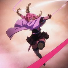 an anime character is flying through the air with her arms in the air while holding onto a pink ribbon