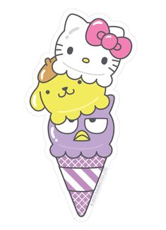 an ice cream cone with a hello kitty on it's head and the words hello kitty