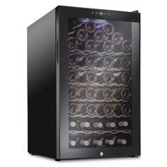 a wine cooler that has many bottles in the front and side panels on the back