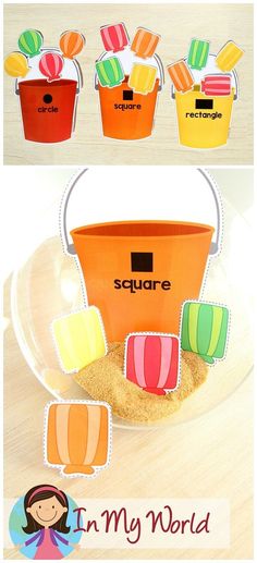 an orange bucket filled with ice cream on top of a wooden table next to cut outs