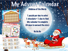 a christmas calendar with santa riding in a sleigh and reindeers next to it