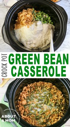 green bean casserole in a slow cooker with text overlay that reads, how to cook green bean casserole