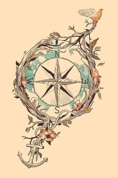 a drawing of a compass with flowers and birds on it, in pastel colors