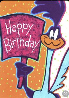 a cartoon bird holding a happy birthday sign