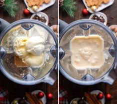 two pictures of food being made in blenders on a table with christmas decorations and cookies