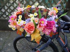 a close up of a bicycle with flowers in the basket