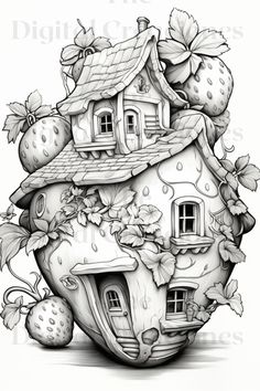 a drawing of a house with strawberries on the roof