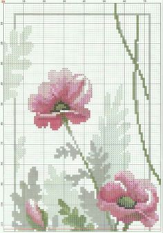 a cross stitch pattern with pink flowers on it